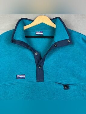 Vintage White Sierra Men’s Size L 1/4 Snap Fleece Pullover Sweater Teal Pockets.